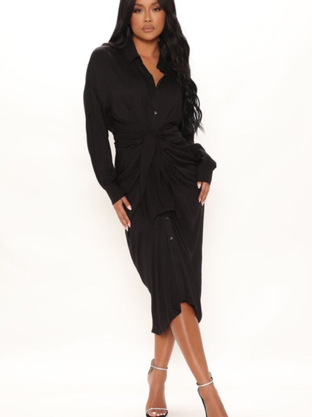 Fashion Nova Black Twist-Front Midi Shirt Dress